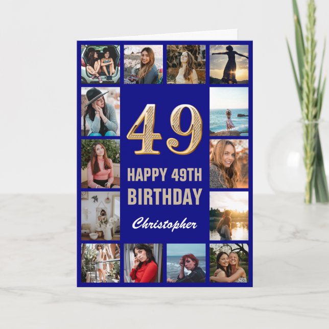 49th Happy Birthday Navy Blue & Gold Photo Collage Card (Front)