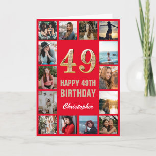 49th Happy Birthday Red and Gold Photo Collage Card