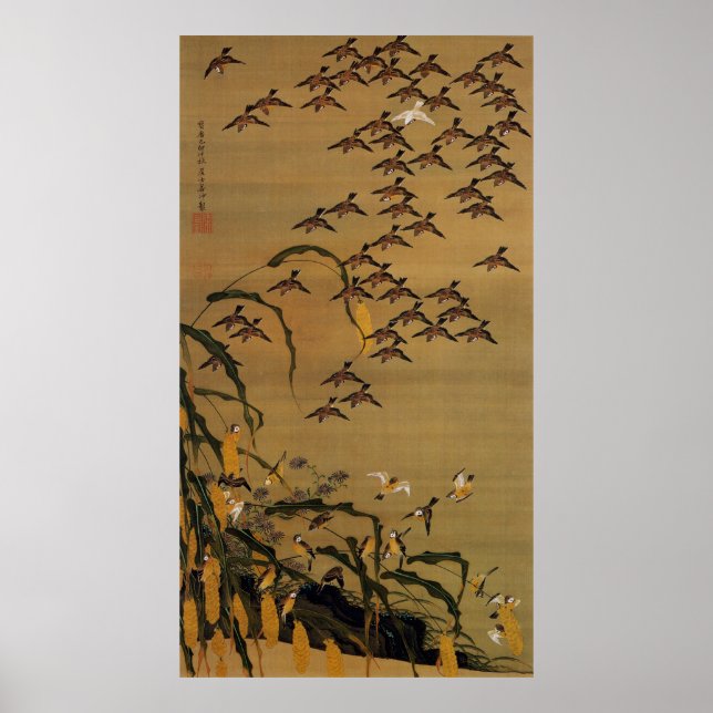 4. 秋塘群雀図, 若冲 Flock of Sparrows, Jakuchū Poster (Front)