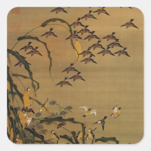 4. 秋塘群雀図, 若冲 Flock of Sparrows, Jakuchū Square Sticker
