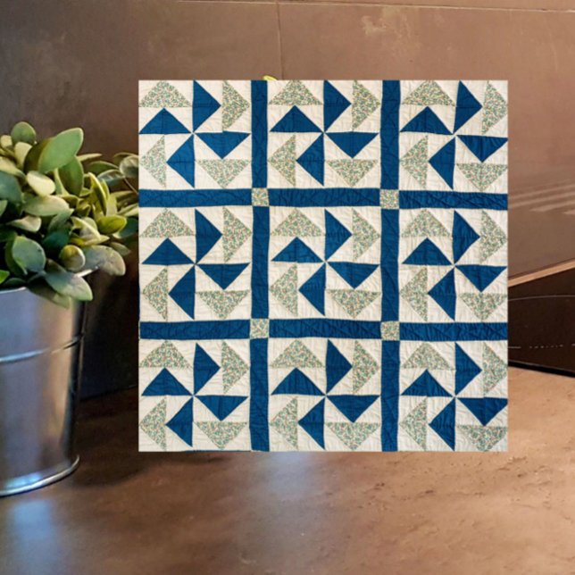 4.25" Blue White Pinwheel Patchwork Quilt Pattern Tile (This blue + white vintage quilt pattern tile will add rustic elegance to your farmhouse!)