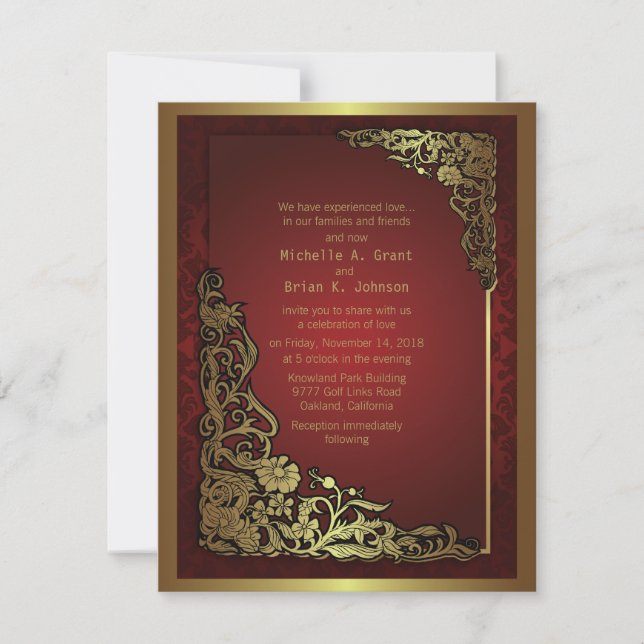 4.25x5.5" Damask Luxury Golden Red Wedding Invite (Front)