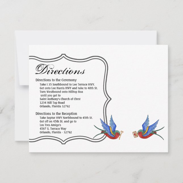 4.25x5.5 Direction Card Traditional Bird Tattoo Sp (Front)