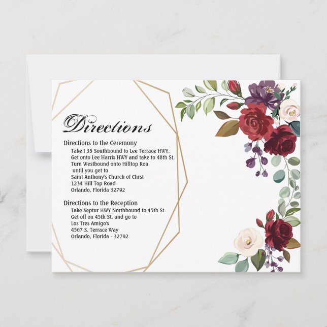 4.25x5.5 Direction Card White Roses Gold Geometric (Front)