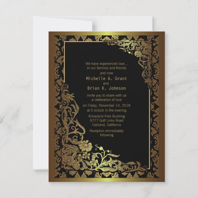4.25x 5.5" Damask Luxury Golden Black Wedding Invi Invitation (Front)
