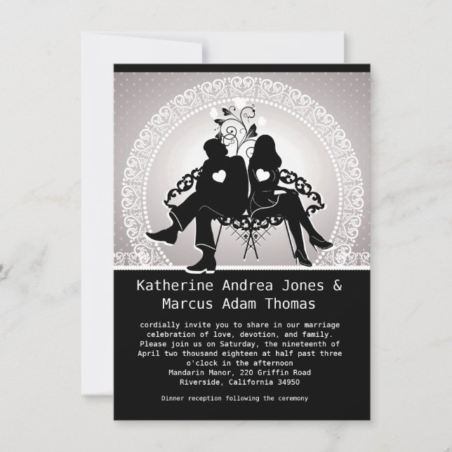 4.5 x 6.25 Black & White Damask Wedding Invitation (Front)