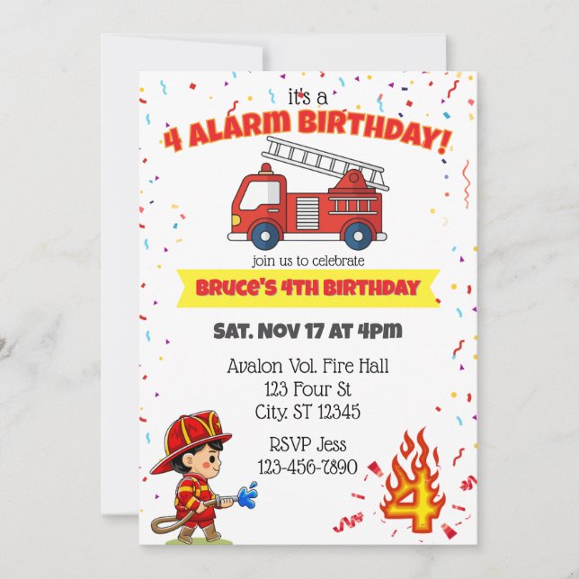 4 Alarm Fire Fighter 4th Birthday Invitation (Front)