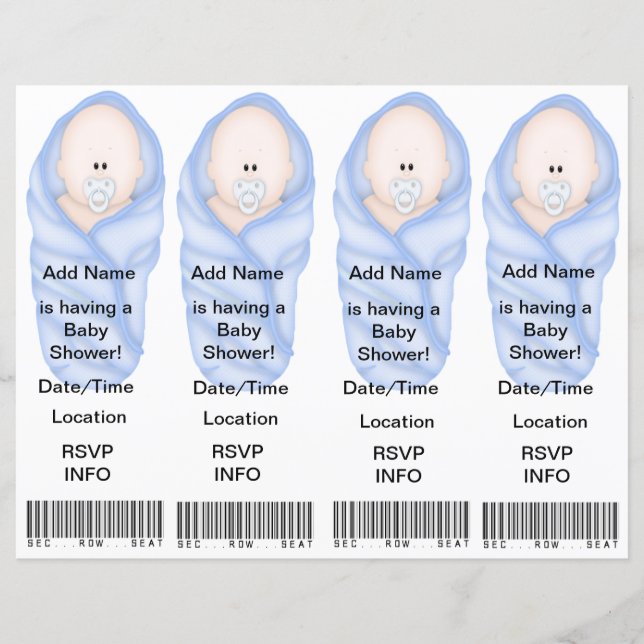 4  Blue Baby Shower Invitations - Bookmark Favours (Front)
