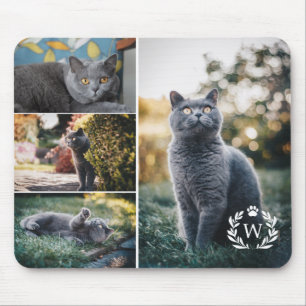 4 Cat Photo Collage Paw Laurel Wreath Monogram Mouse Mat