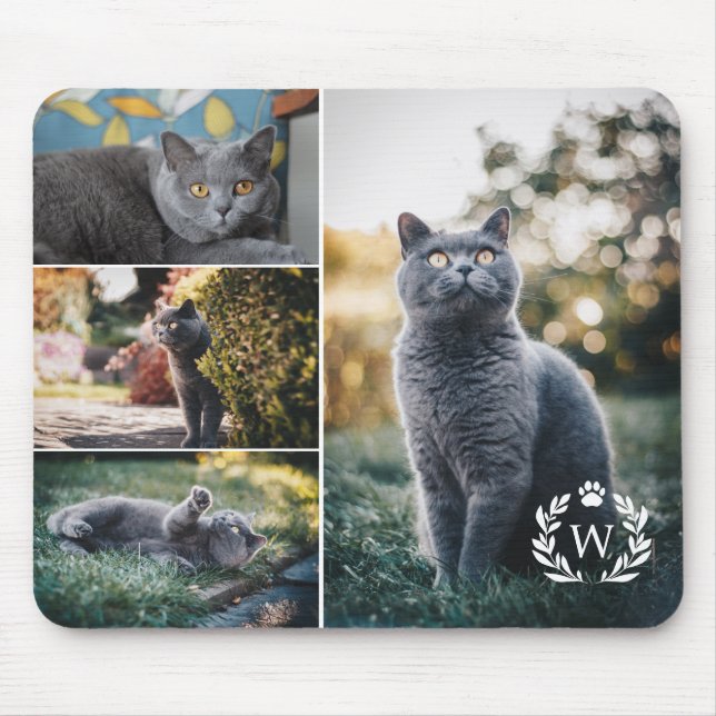 4 Cat Photo Collage Paw Laurel Wreath Monogram Mouse Mat (Front)