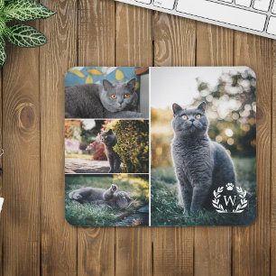 4 Cat Photo Collage Paw Laurel Wreath Monogram Mouse Mat