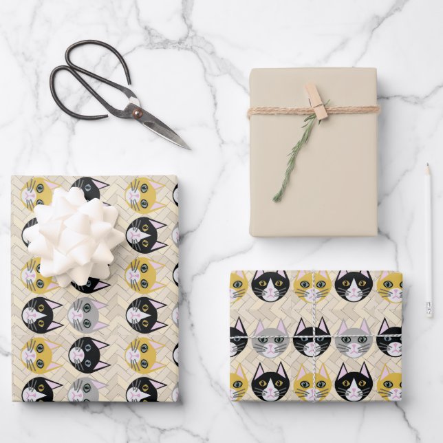 4 Cats, Herringbone Beige Wrapping Paper Sheet (Front)