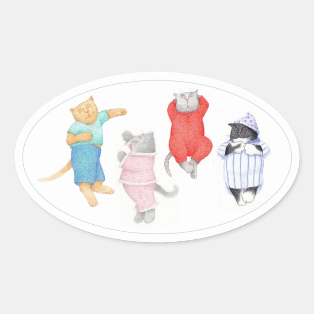 4 CATS IN PAJAMAS Oval Stickers (Front)