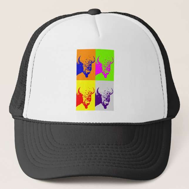 4 Colour Pop Art Buffalo Bison Trucker Hat (Front)