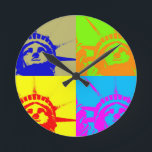 4 Colour Pop Art Lady Liberty Round Clock<br><div class="desc">New York City Symbol Buildings Retro Style Images & Digital Paintings</div>