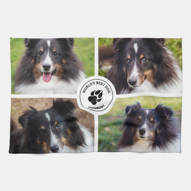 4 Custom Pet Photos Collage Template & Text Tea Towel (Horizontal)