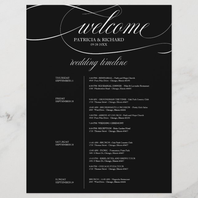 4 Days Wedding Itinerary Chic Black And White (Front)