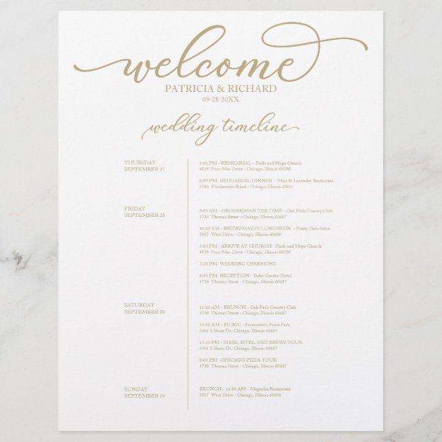 4 Days Wedding Itinerary Chic Gold Script (Front)