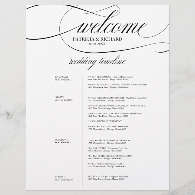 4 Days Wedding Itinerary Elegant Black Script (Front)