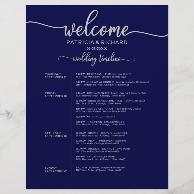 4 Days Wedding Itinerary Timeline Navy Blue Silver (Front)