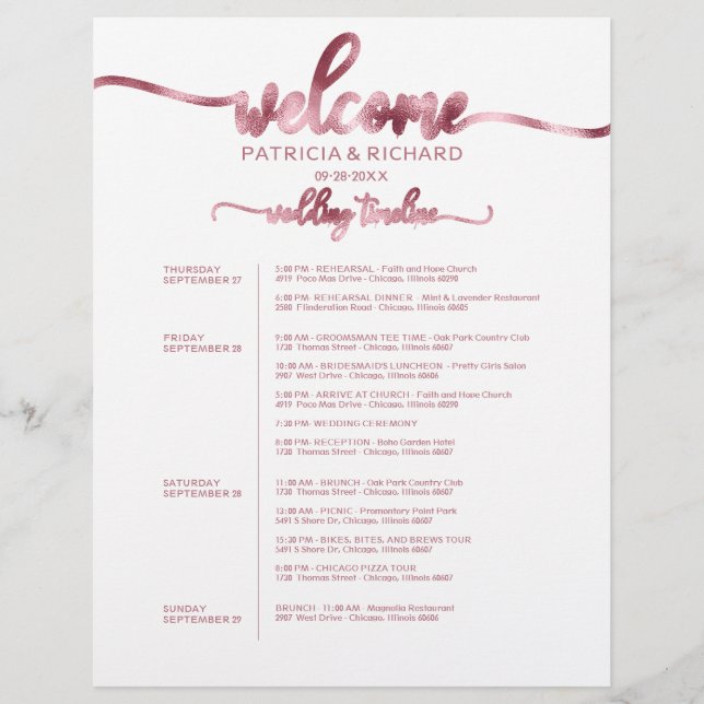 4 Days Wedding Weekend Itinerary Chic Timeline (Front)