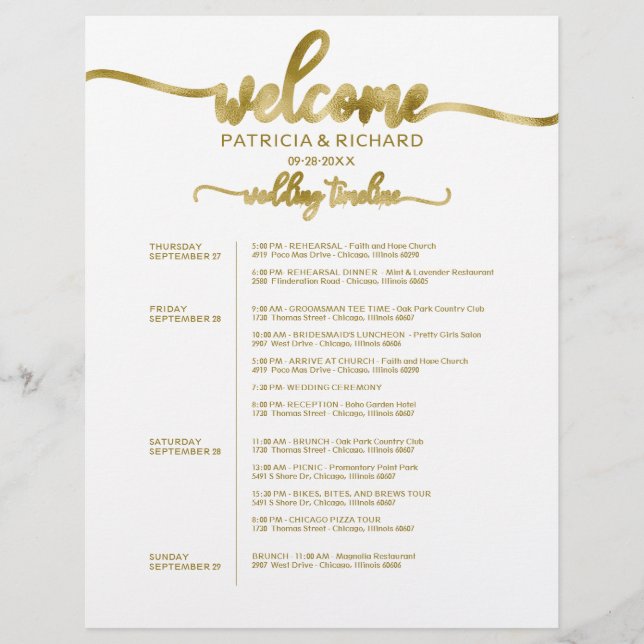 4 Days Wedding Weekend Itinerary Chic Timeline (Front)