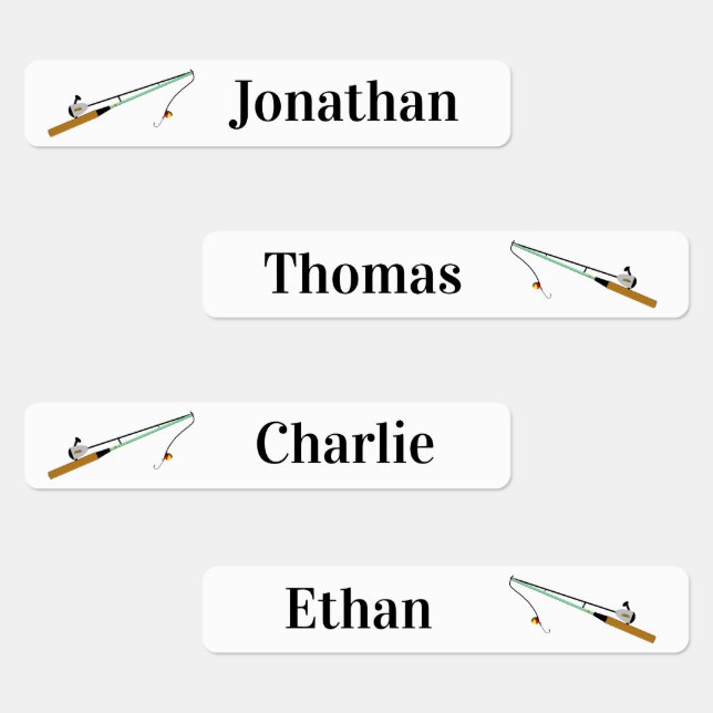 4 Different Names Fishing Rod Pole Iron On Labels (Group)