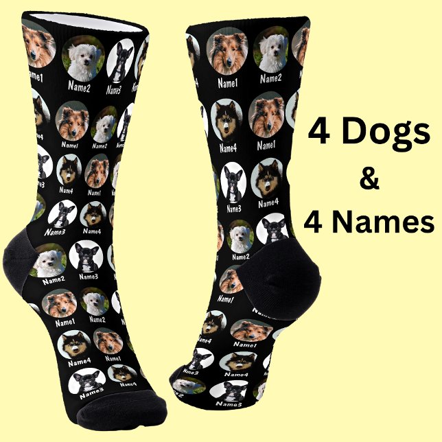 4 Dogs, 4 Names, Dog Photo - Personalised Black Socks (Creator Uploaded)