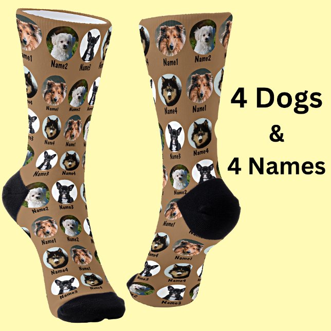 4 Dogs, 4 Names, Dog Photo - Personalised Brown Socks (Creator Uploaded)