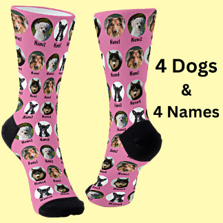 4 Dogs, 4 Names, Dog Photo - Personalised Pink Socks