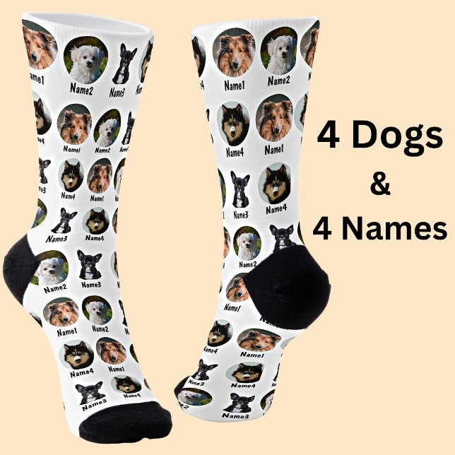 4 Dogs, 4 Names, Dog Photo - Personalised White Socks (Creator Uploaded)
