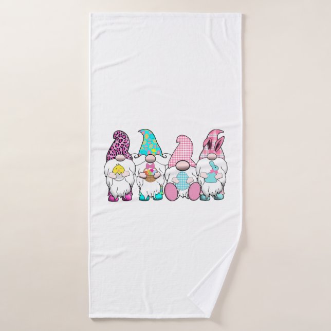 4 Easter Gnomes Pastel Spring Bunny Ears Gingham R Bath Towel (Bath Towel)