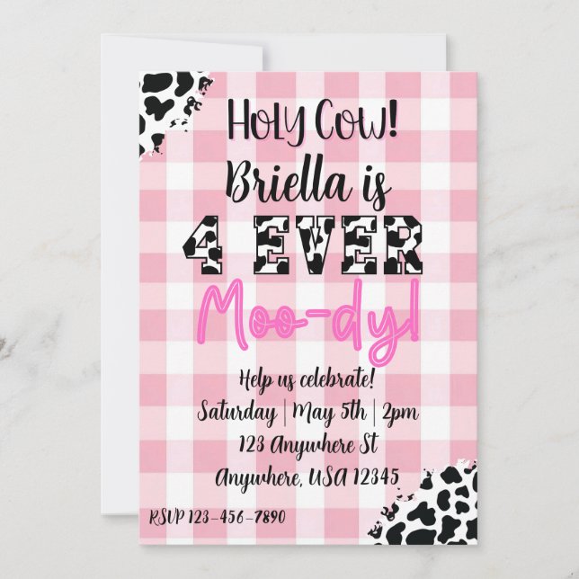 4 Ever Moody Cow Fourth Birthday Invitation (Front)