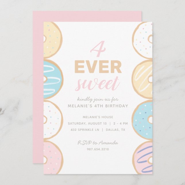 4 Ever Sweet Pastel Doughnut Birthday Party Invita Invitation (Front/Back)