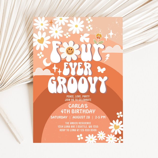 4 Ever Young Fall Groovy Four Ever Groovy Birthday Invitation (Creator Uploaded)
