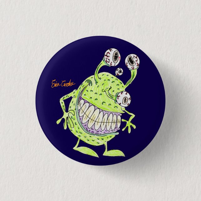 4 eyed green alien monster 3 cm round badge (Front)