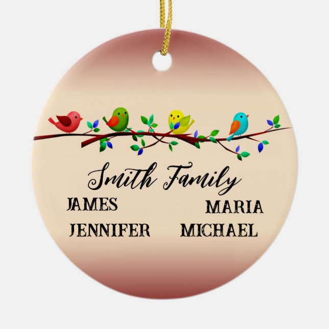 4 Family Members Personalised Name Christmas Birds Ceramic Tree Decoration (Front)