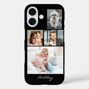 4 Family or Friends Photos, Script Name on Black iPhone 16 Case