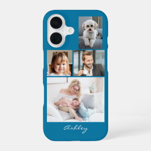 4 Family or Friends Photos, Script Name on Blue iPhone 16 Case