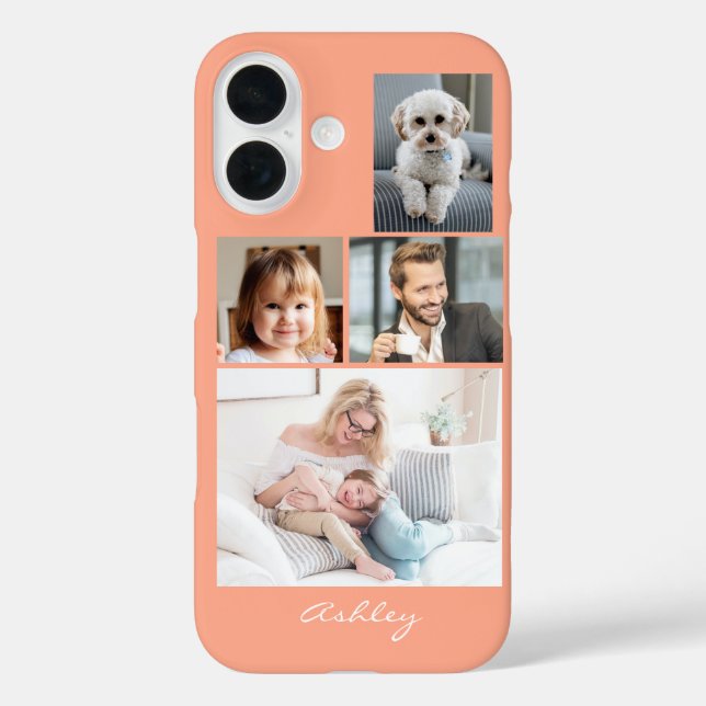 4 Family or Friends Photos, Script Name on Peach Case-Mate iPhone Case (Back)
