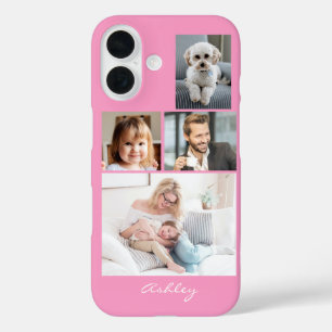 4 Family or Friends Photos, Script Name on Pink iPhone 16 Case