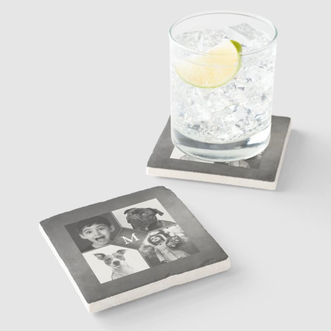 4 Family Photos Black White Chalkboard Monogram Stone Coaster (Side)