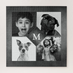 4 Family Photos Collage Black Chalkboard Monogram  Jigsaw Puzzle