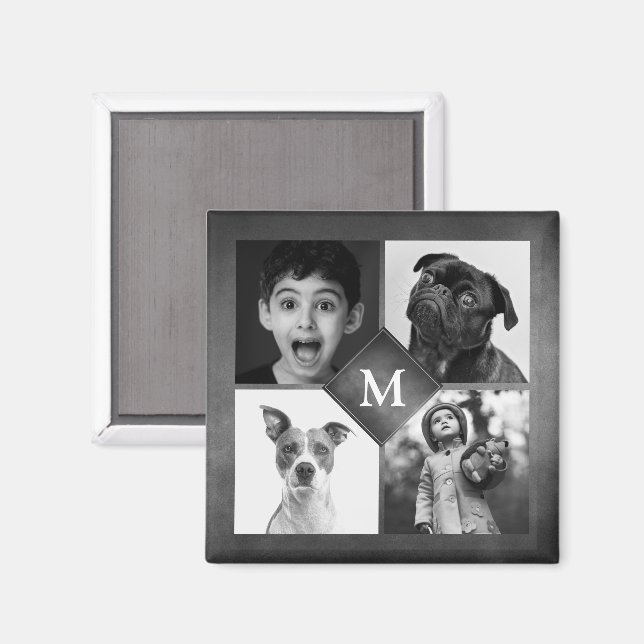 4 Family Photos Collage Black Chalkboard Monogram  Magnet (Front/Back)