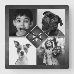 4 Family Photos Collage Black Chalkboard Monogram Square Wall Clock
