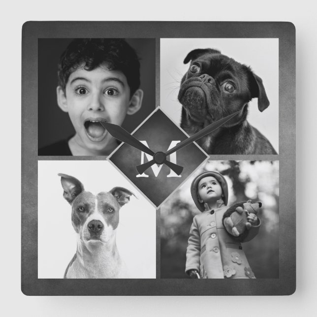 4 Family Photos Collage Monogram Square Wall Clock (Front)