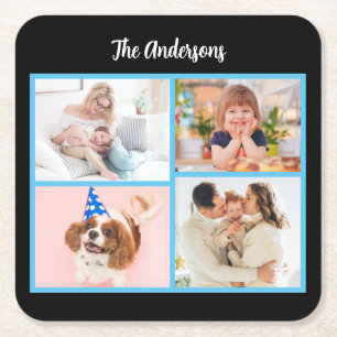 4 Family Photos & Name on Black, Sky Blue Border Square Paper Coaster