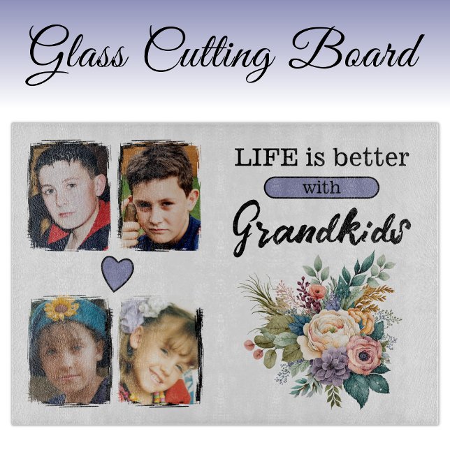 4 grandkids photo floral purple cutting board (Creator Uploaded)