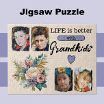 4 grandkids photo floral purple jigsaw puzzle<br><div class="desc">Brighten your day with our beautiful floral jigsaw puzzle! Featuring four lovely photo slots to showcase your favourite grandkid moments, this puzzle is the perfect way to celebrate family. Adorned with vibrant flowers and the heartfelt message "Life is better with Grandkids" in stylish black text, it’s a delightful challenge that...</div>