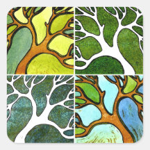 4 Hand Carved Trees in Watercolor and Pen & Ink